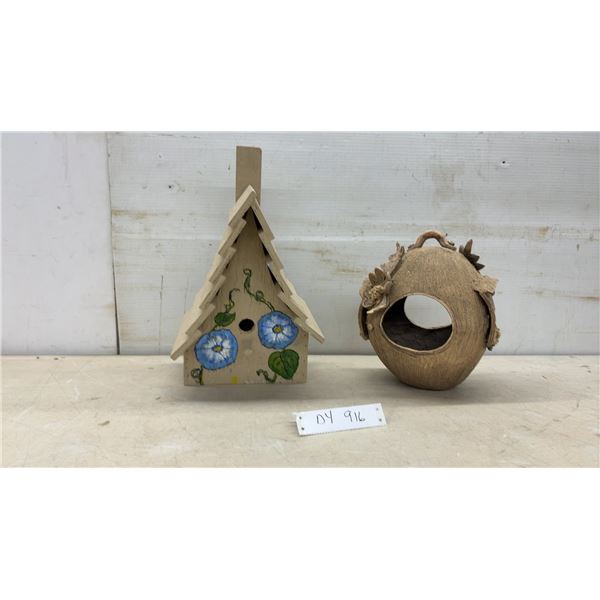 Wooden Birdhouse with Hand-Painted Morning Glories and Decorative Coconut Shell Birdhouse