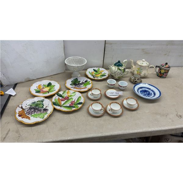 Italian Majolica Style Fruit Plates, Teapots, Demitasse Cups and Saucers, and More