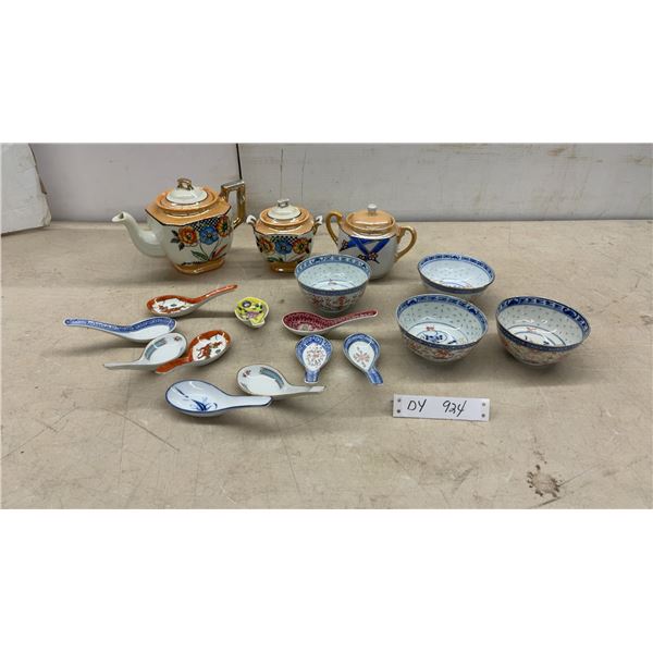 Chinese Linglong Rice Grain Porcelain Bowls, Spoons, and Lusterware Tea Service and More