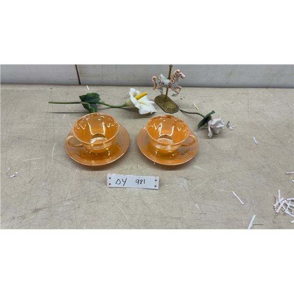 Fire-King Peach Lustre Swirl Teacups and Saucers, Set of Two & Glass Flowers