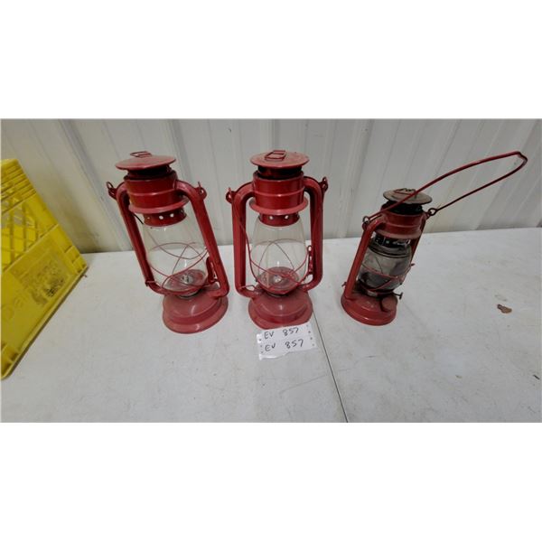 Three Red Cold-Blast Kerosene Lanterns