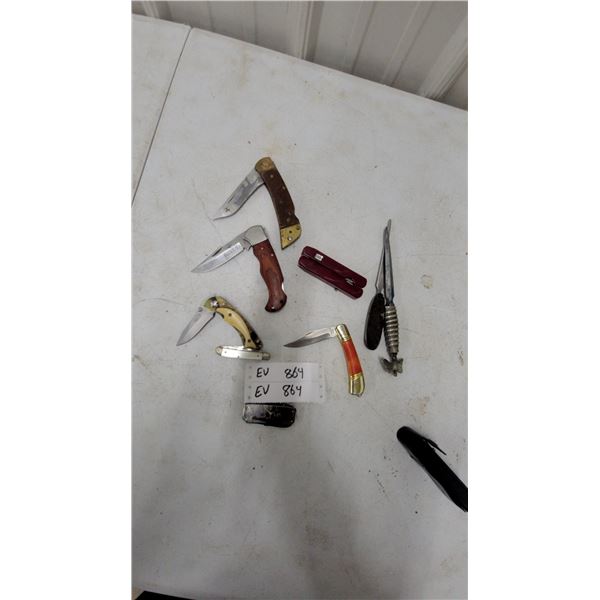 Collection of Folding Knives Including RedHead, Swiss Army Multi-Tool, Leather Sheath, and More