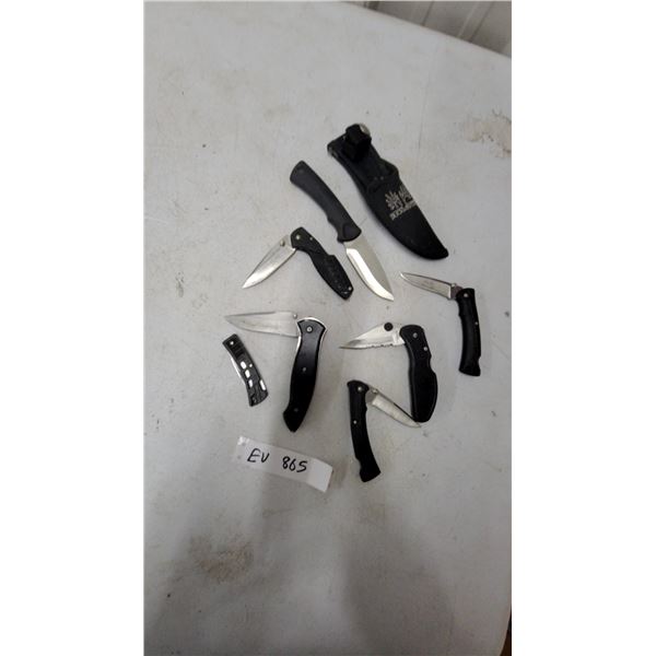Buckmaster Fixed Blade Knife with Sheath and Six Folding Knives