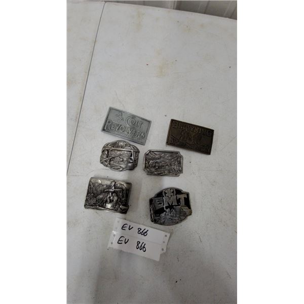 Collection of Six Metal Belt Buckles Including Colt Revolvers, Browning Sporting Arms, and EMT