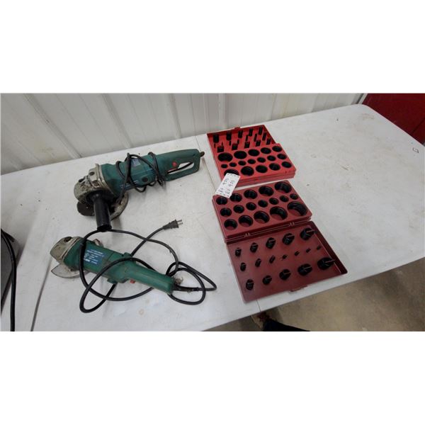 Two 4-1/2"+7" Angle Grinders 7.5 Amp and O-Ring Assortment Kits in Cases