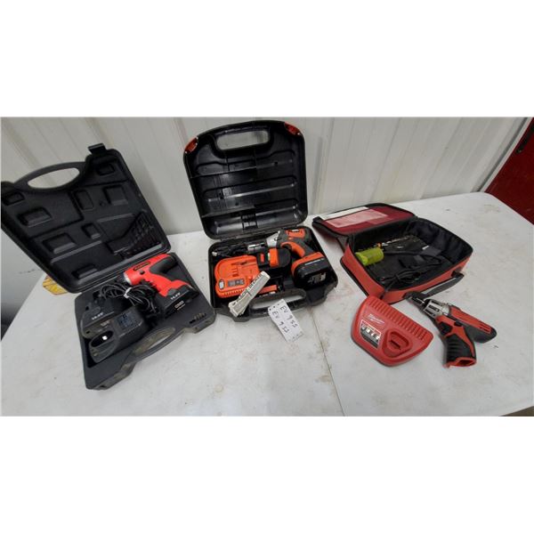 Airco 14.4V Cordless Drill, Black+Decker Impact Driver, and Milwaukee M12 Drill Sets One Battery