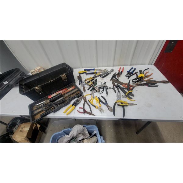 Assorted Pliers, Wire Cutters, Tin Snips, Locking Pliers, Bolt Cutter, and Toolboxes