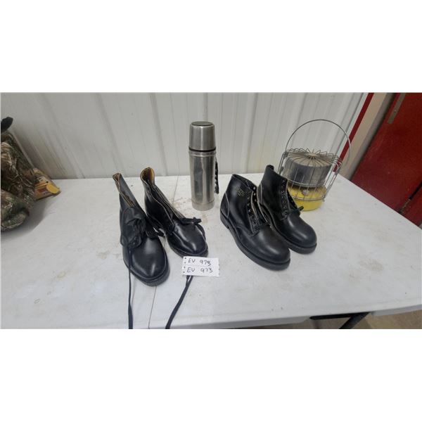 Two Pairs Black Leather Lace-Up Boots, Size 9.6" Stainless Steel Thermos, and Portable Radiant Gas