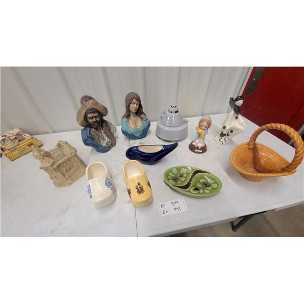 Ceramic Busts, Decorative Dutch Clogs, Figurines, Wicker Basket, and More