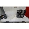 Image 1 : Black Box Fan and 2x Clear Plastic Storage Bins with Lids