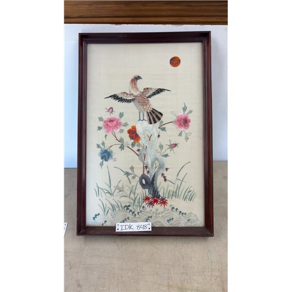 Framed Chinese Silk Embroidery of Bird on Rock with Peonies and Sun 24 1/4 x 16"