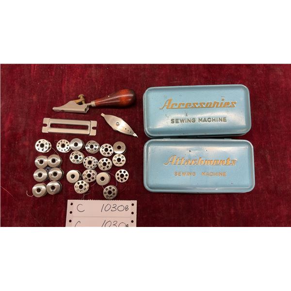 Vintage Sewing Machine Bobbins, Metal Tins, Seam Ripper, Needle Threader, and More