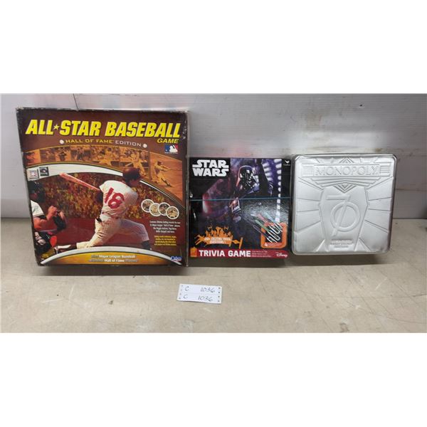 Cadaco All-Star Baseball Hall of Fame Edition, Star Wars Trivia Game, and Monopoly 70th Anniversary