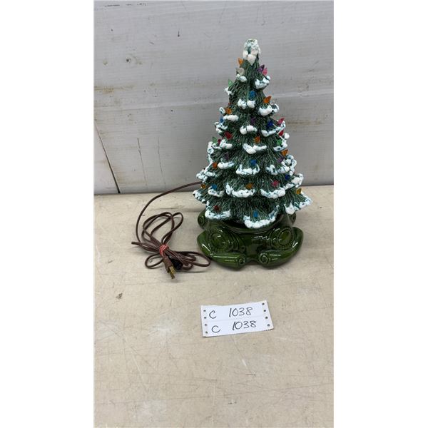 Vintage-Style Green Ceramic Light-Up Christmas Tree with Snow Detailing and Pedestal Base