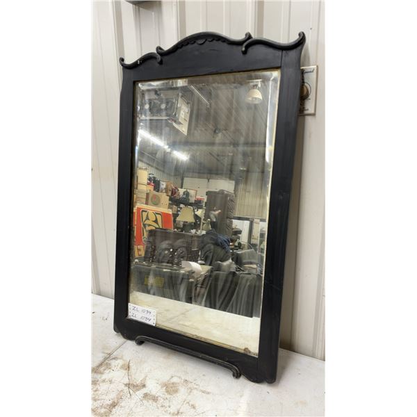 Vintage Black Painted Wood Wall Mirror with Beveled Glass and Scalloped Crest 21 x 36