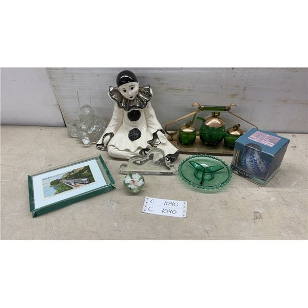 Pierrot Clown Ceramic Figurine, Green Glass Condiment Set, Oil Lamp, and More