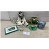Image 1 : Pierrot Clown Ceramic Figurine, Green Glass Condiment Set, Oil Lamp, and More