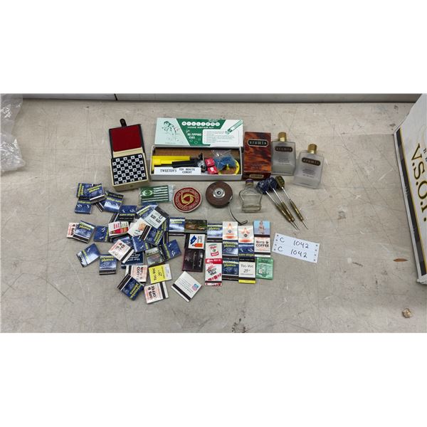 Vintage Matchbook Collection, Aramis After Shave, Darts, Cue Tip Repair Kit, and More