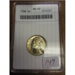 1938 Jefferson Nickel ANACS MS63