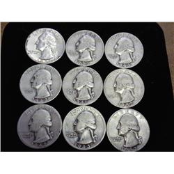9 Assorted Silver Washington Quarters