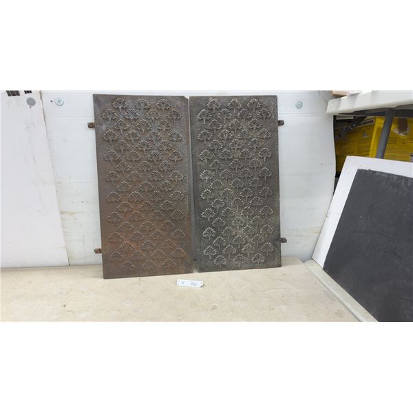 Pair of Vintage Cast Iron Decorative Panels with Embossed Tree Pattern, 30 x 15", Small Chip on Top