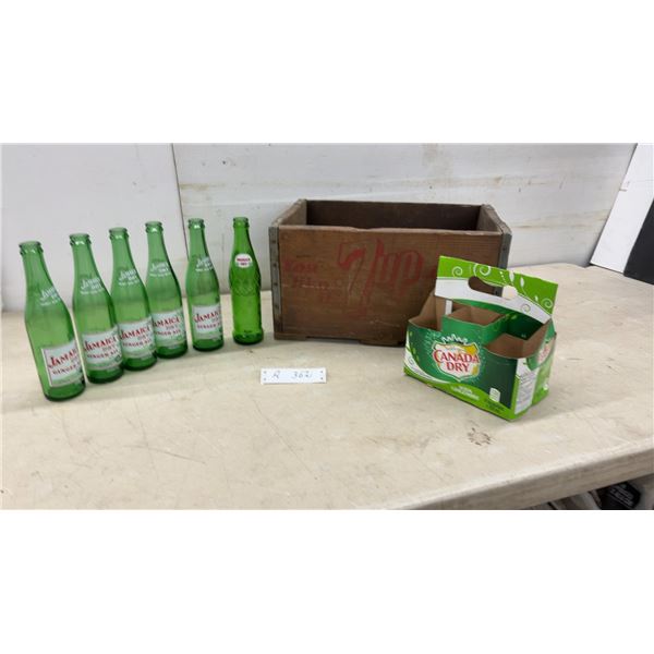 Vintage 7UP Wooden Crate, 5 Jamaica Dry Ginger Ale Bottles, Winnipeg MB & America Dry Ottle