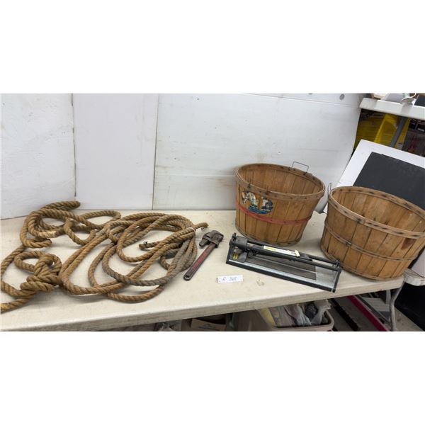 2 Vintage Bushel Baskets, 2 Lengths Heavy Rope, Pipe Wrench, Mattco Easy Score 17" Tile Cutter