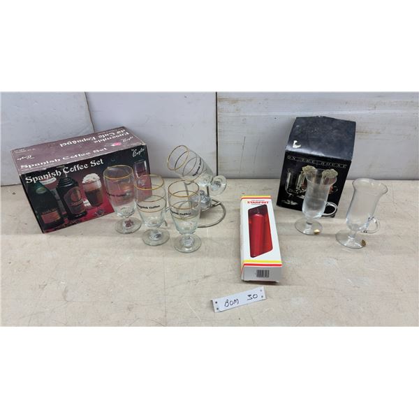 Anglo Spanish Coffee Set with Glasses, on the House Irish Coffee Mugs, and New Cork Screw