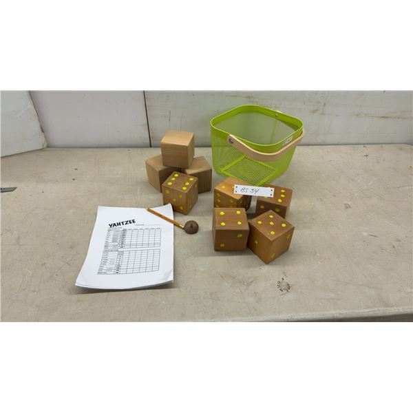 Giant Wooden Yahtzee Dice Game Set with Mesh Basket, Scorepad, and Pencil