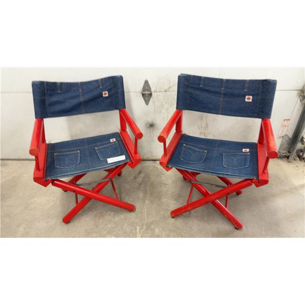 Pair of Ohio Chair Co. Red Wooden Director's Chairs with Denim Fabric Seats