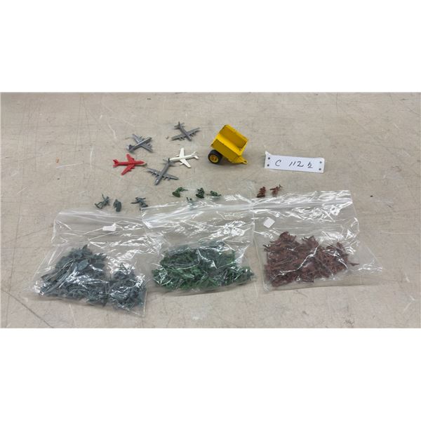 Vintage TCA Plastic Toy Airplanes, Tonka Yellow Metal Trailer, and Plastic Army Men