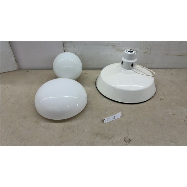 White Enamel Industrial Pendant Lamp Shade, 16" Diameter and 1 Opal Glass Globe Shade & 1 Plastic