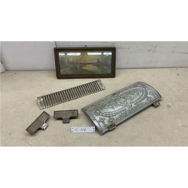 Antique Cast Iron Stove Parts with Ornate Nickel-Plated Door, Grate, and Fittings