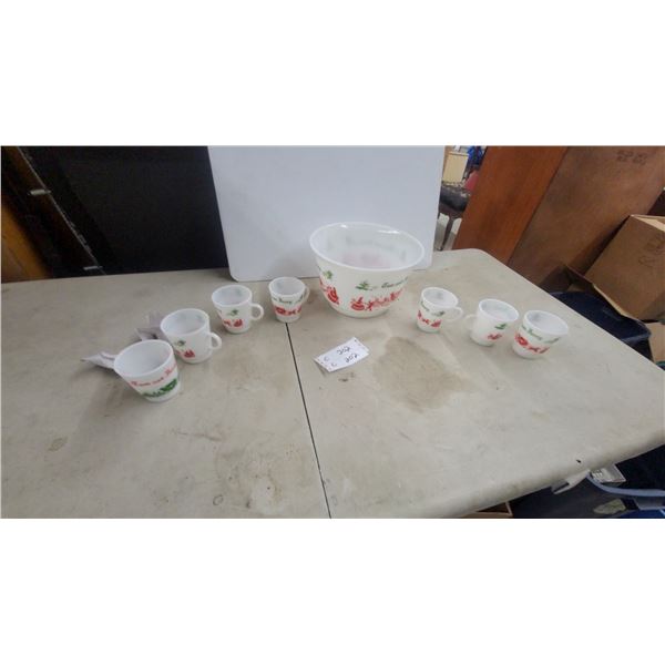 Anchor Hocking Fire-King Tom and Jerry Milk Glass Punch Bowl Set with Mugs