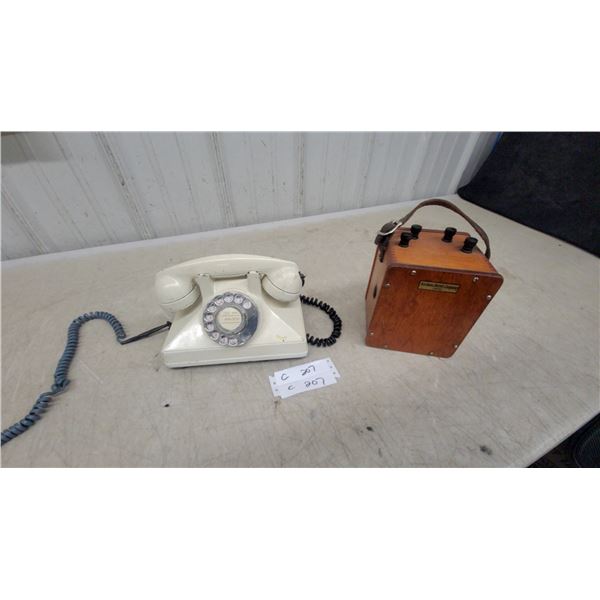 Vintage Rotary Dial Desk Telephone and Northern Electric Company Wooden Field Test Set
