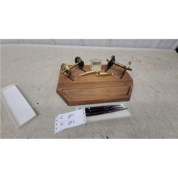 Bero Gold-Tone Digital Desk Clock with Brass Components, Pens, and Wooden Plaque