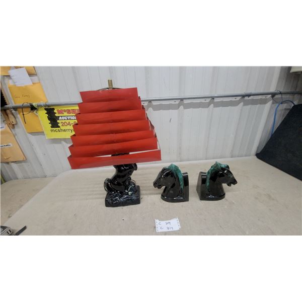 Blue Mountain Pottery Rearing Horse Lamp with Red Shade and Horse Head Bookends Vintage