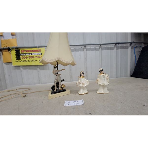 Mid-Century Ceramic Harlequin Figure Table Lamp with Shade and Figurine Pair
