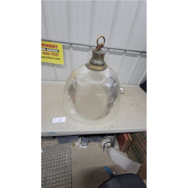 Vintage Holophane-Style Prismatic Ribbed Glass Industrial Pendant Light with Brass Fittings 26" at
