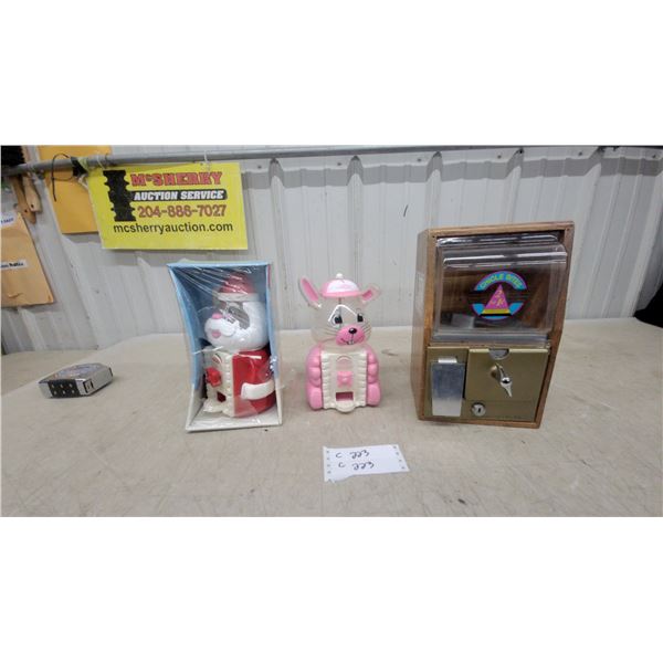 Vintage Chicle Bites Penny Gumball Machine, Rabbit and Santa Novelty Dispensers