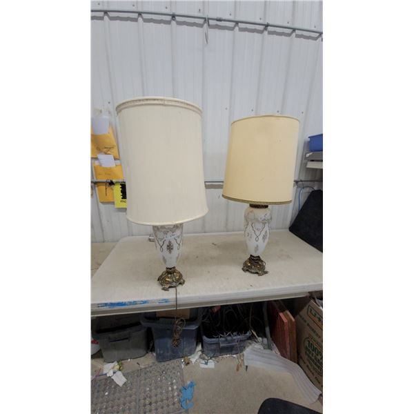 Pair of Vintage Mid-Century Table Lamps with Ornate Brass Bases and Cream Drum Shades