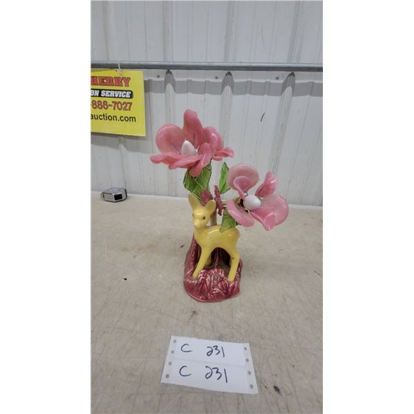 Vintage Ceramic Fawn Figurine Lamp with Pink Glass Flowers on Leaf Base, Japan