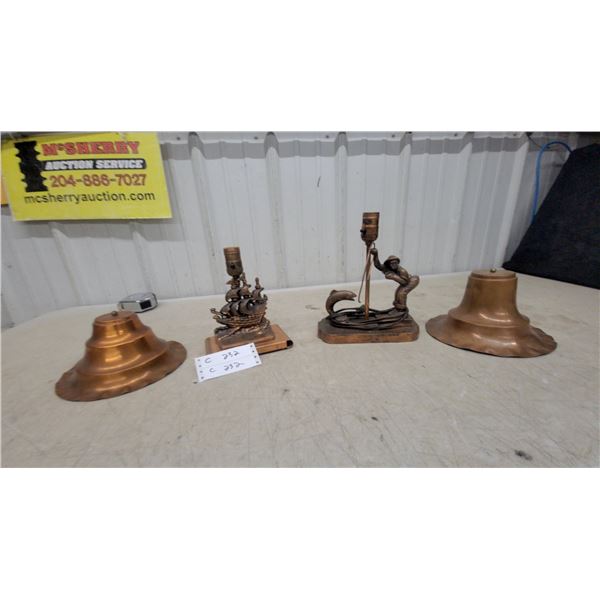 Vintage Jacques Cartier Sailing Ship Figural Lamp and Copper Bell Shade and Early Riser Fisherman