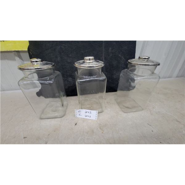Set of Three Clear Glass General Store Canisters with Silver-Tone Dome Lids Vintage