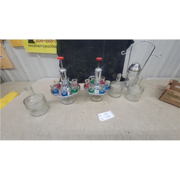 Vintage Chrome Drink-O-Matic Liquor Dispenser Sets with Colored Shot Glasses and More