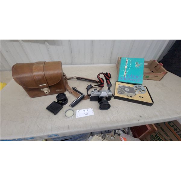 Mamiya MSX 500 35mm SLR Camera with Leather Case, Cine Viewer 8/Super8, and Accessories
