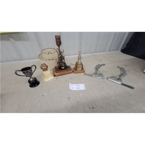 Vintage Curling Trophy Lamp with Copper-Tone Base and Fiberglass Drum Shade and Vintage Trophy and