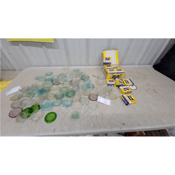 Vintage Glass Canning Jar Lids in Assorted Colors and Metal Fruit Jar Rings