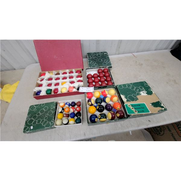 Belgian Aramith Billiard Ball Sets Including Pool and Snooker Balls, Four Sets