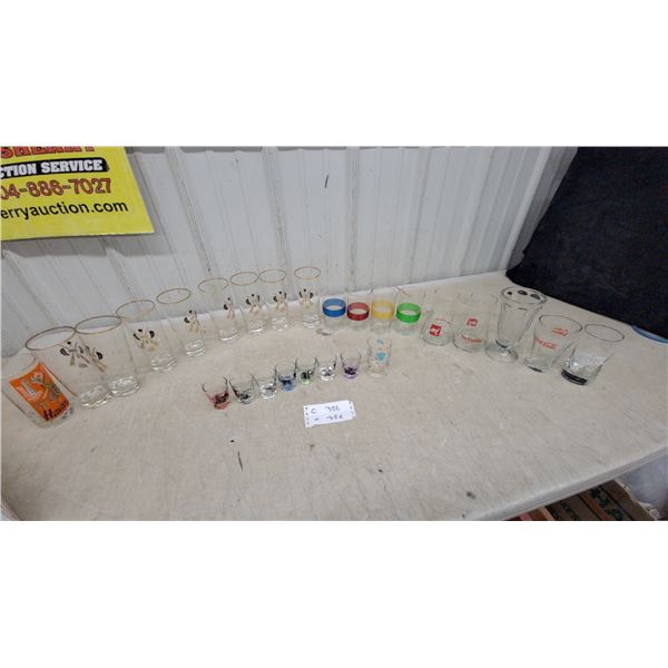 Vintage Coca-Cola and 7UP Glasses, Gold-Rimmed Highball Glasses, Shot Glasses, Most Vintage and